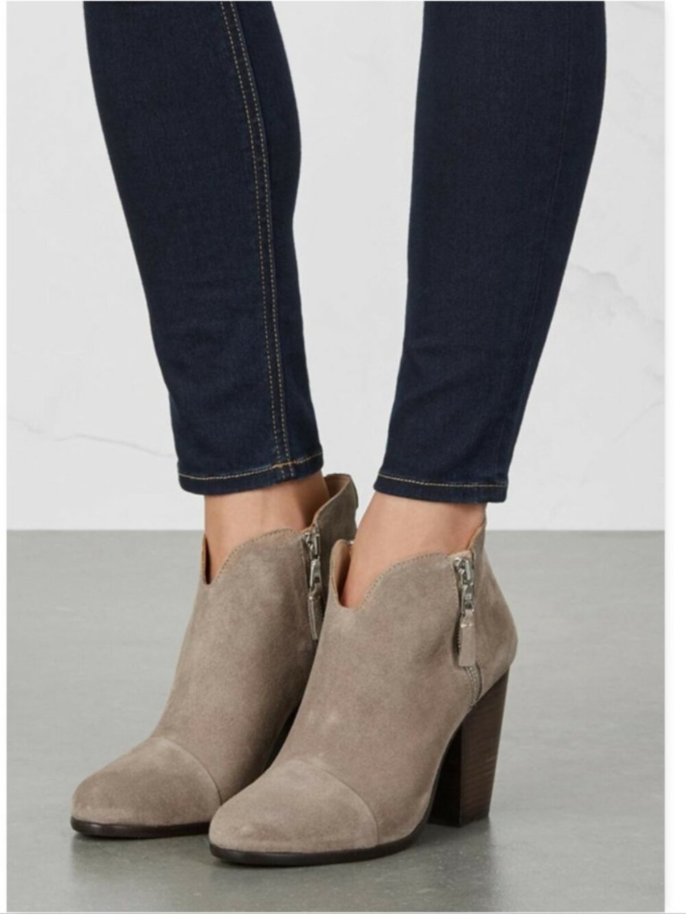 New Rag & Bone Stone Grey Suede Leather Cap Toe Fringe Block Heel Booties 41